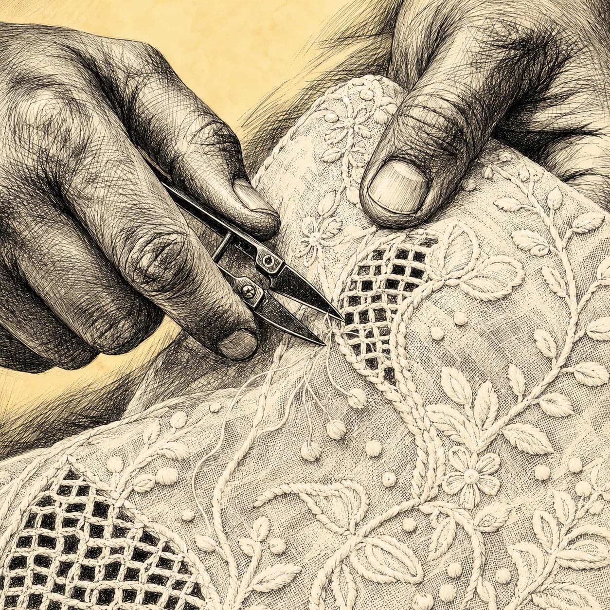 Small scissors trimming loose threads from finished chikankari, jaali net-work visible.