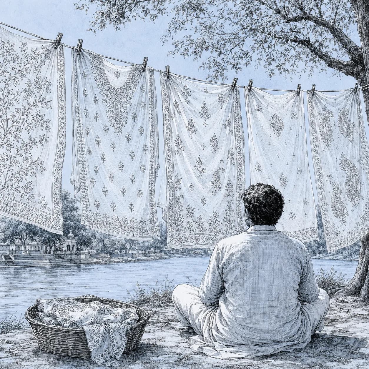 Embroidered chikankari garments drying on a line by the river, the blue print washed away.