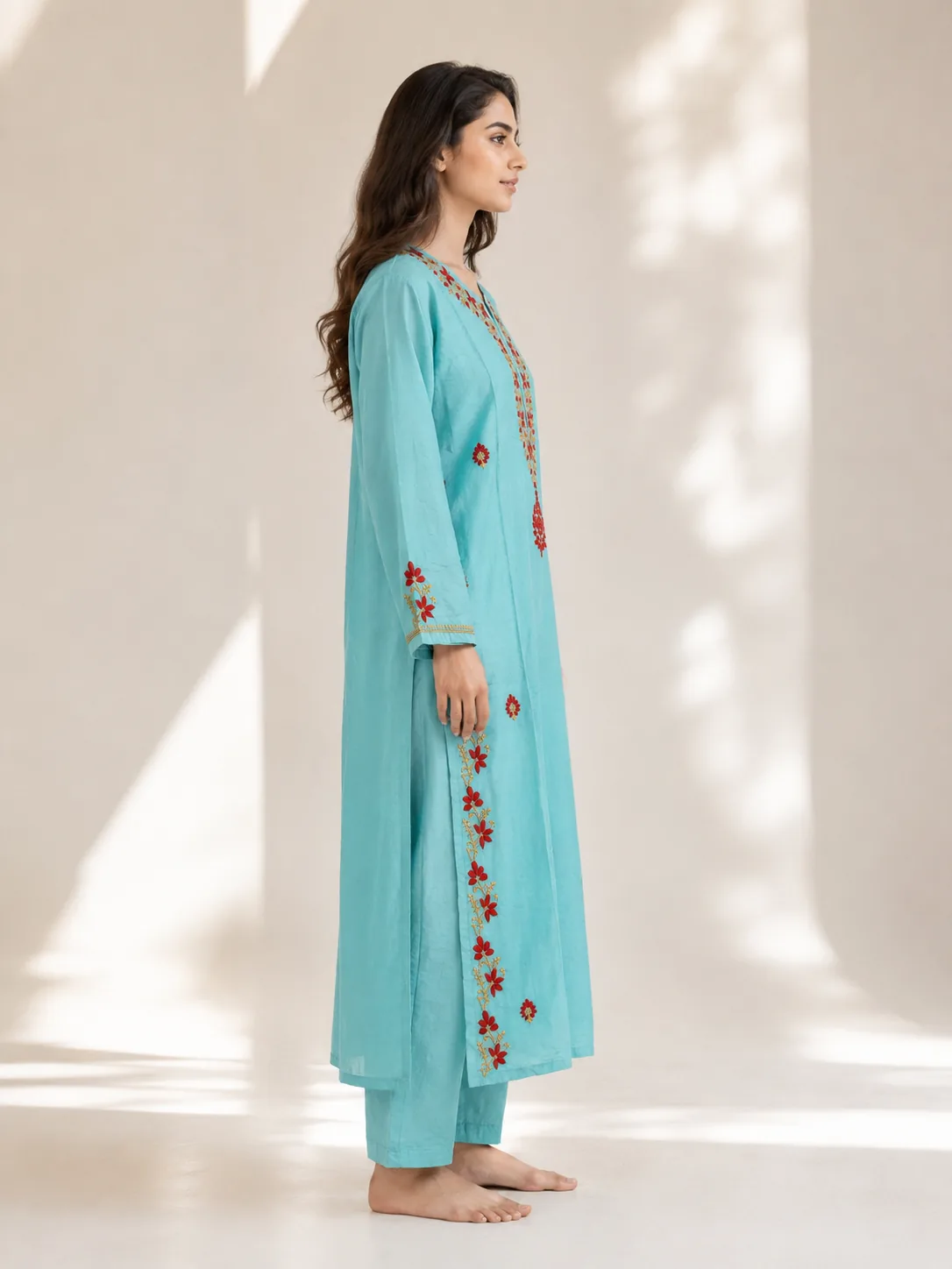 Aqua Blue Embroidered Cotton Kurta Set with Dupatta — view 3