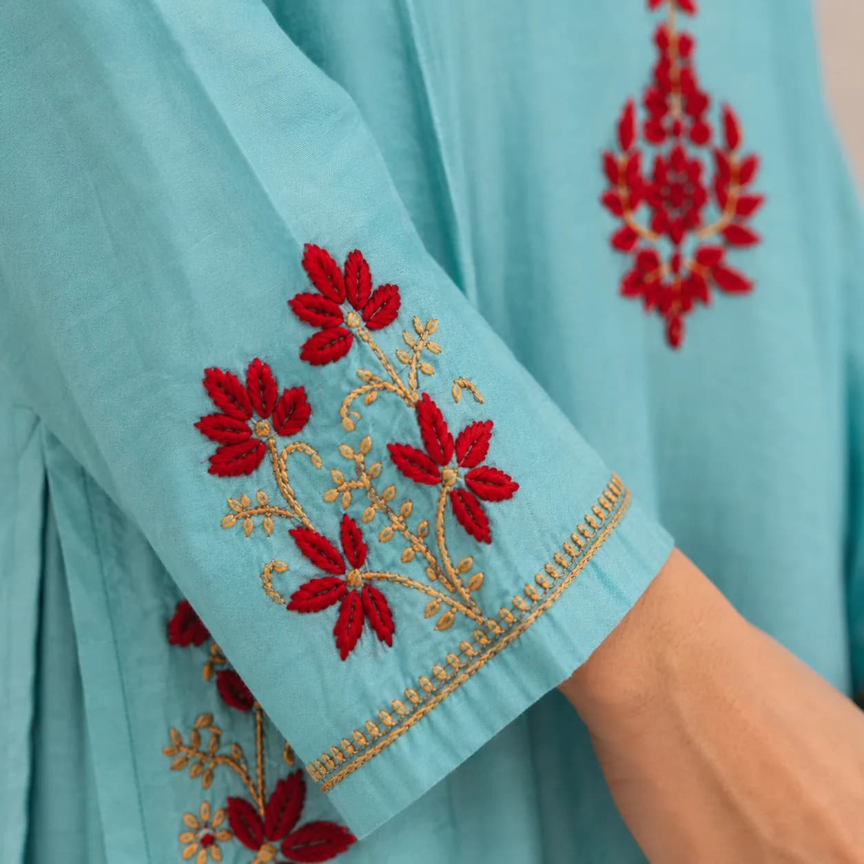 Aqua Blue Embroidered Cotton Kurta Set with Dupatta — view 4