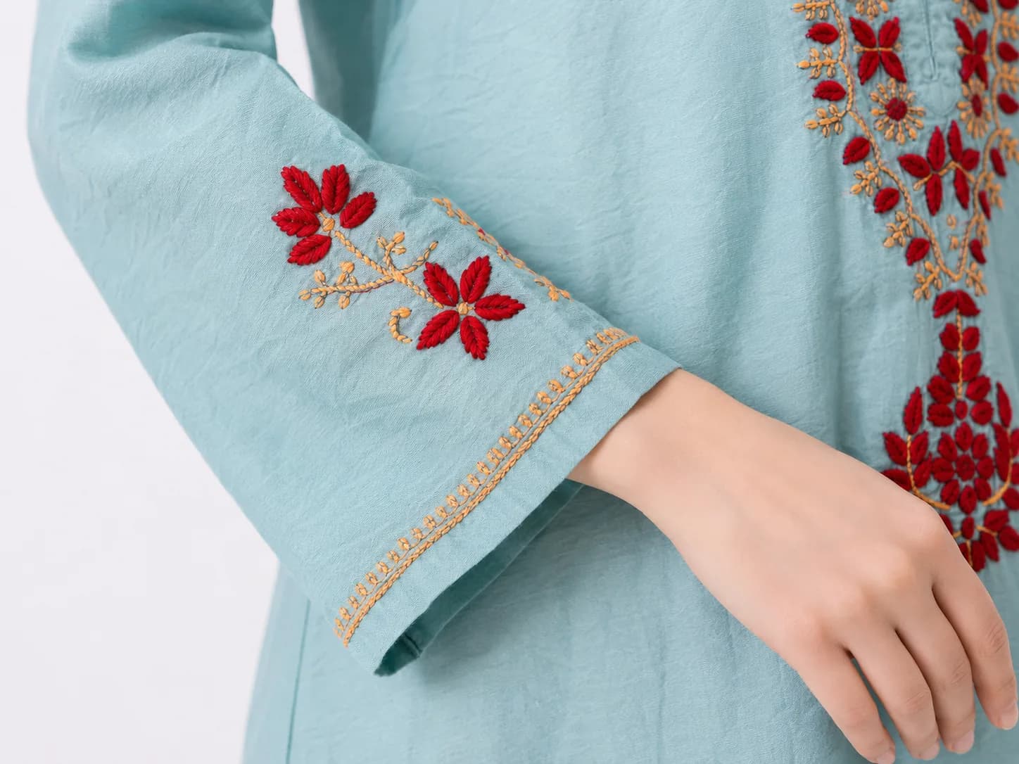 Aqua Blue Embroidered Cotton Kurta Set with Dupatta — view 6