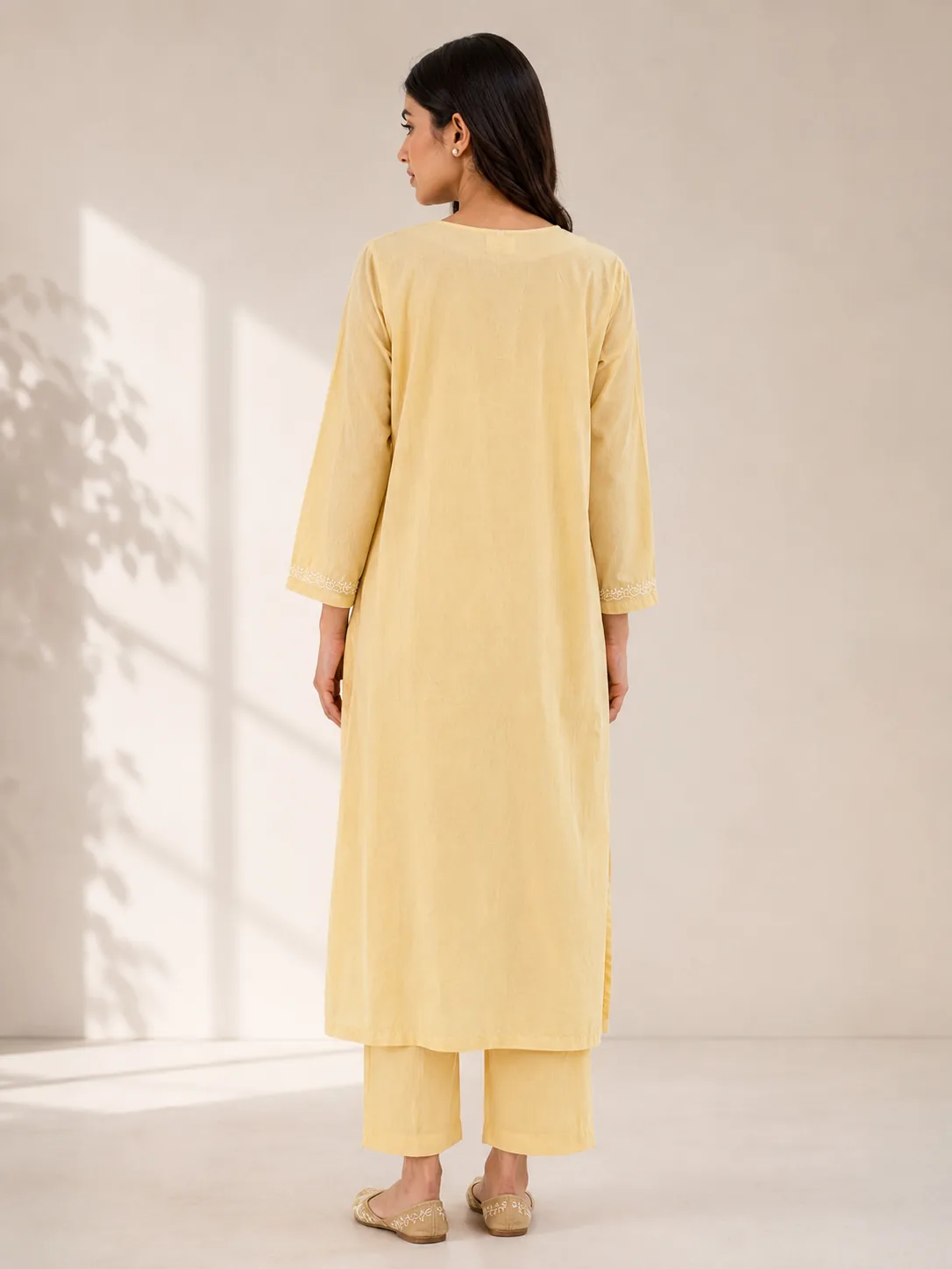 Butter Yellow Embroidered Cotton Kurta Pant Set — view 3
