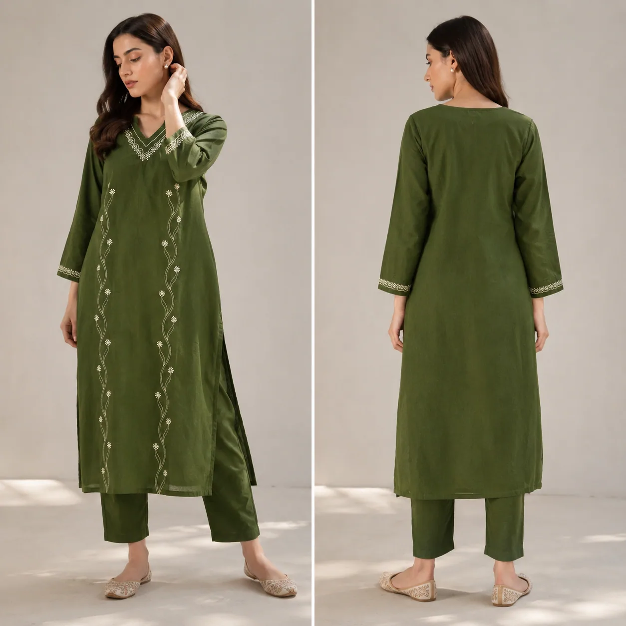 Olive Green Chikankari Kurta — view 2