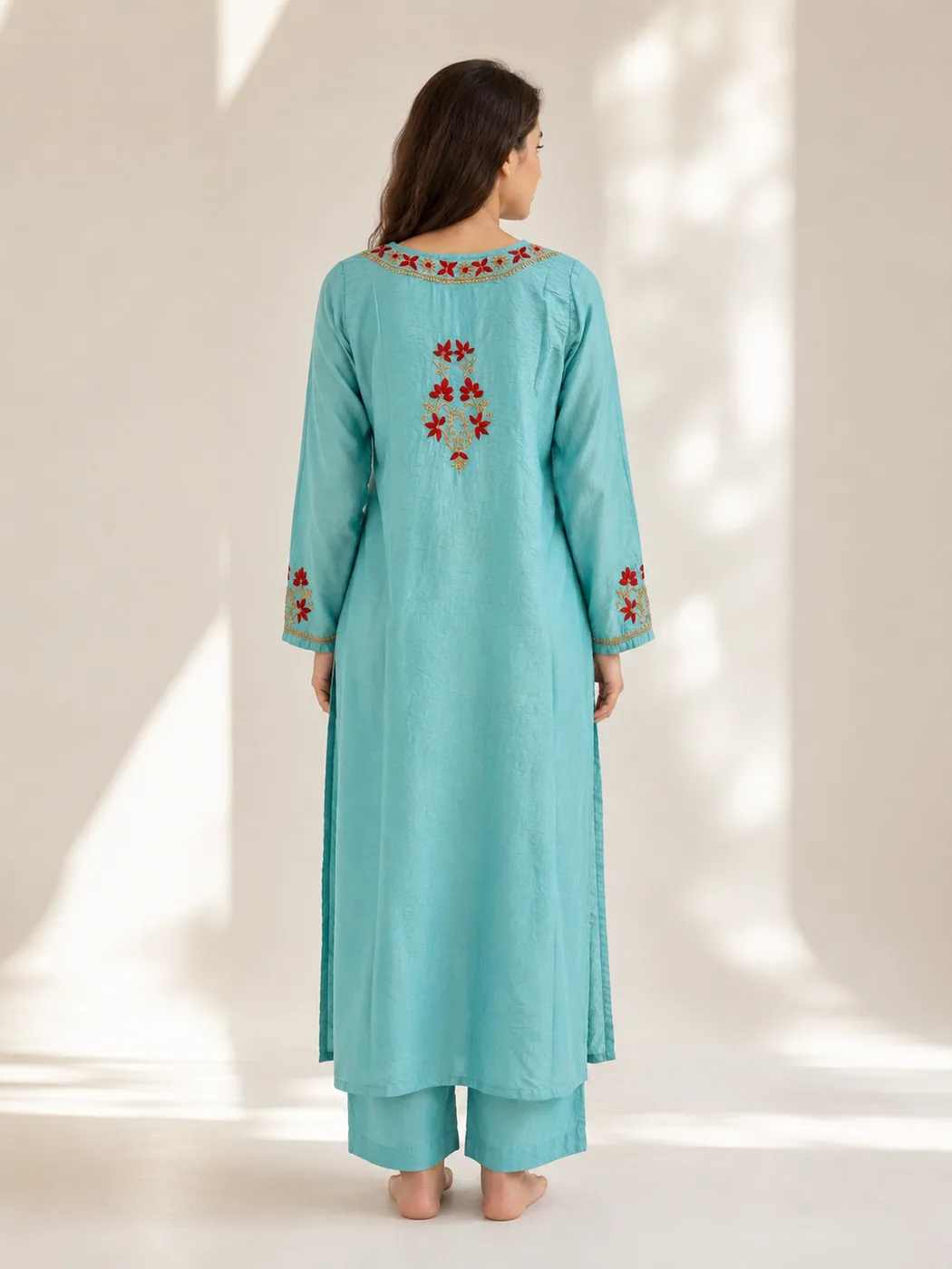 Turquoise Red-Floral Chikankari Kurta — view 2