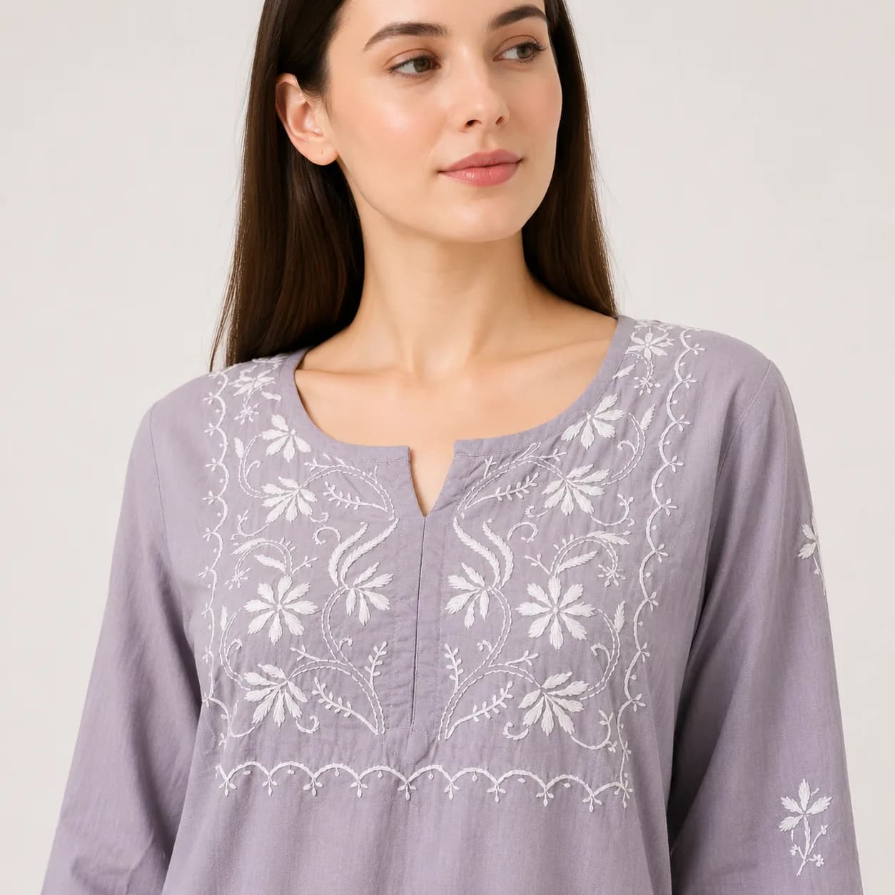 Mist Lavender Embroidered Cotton Kurta — view 3