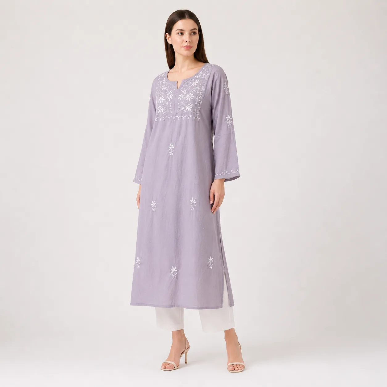 Mist Lavender Embroidered Cotton Kurta — view 4