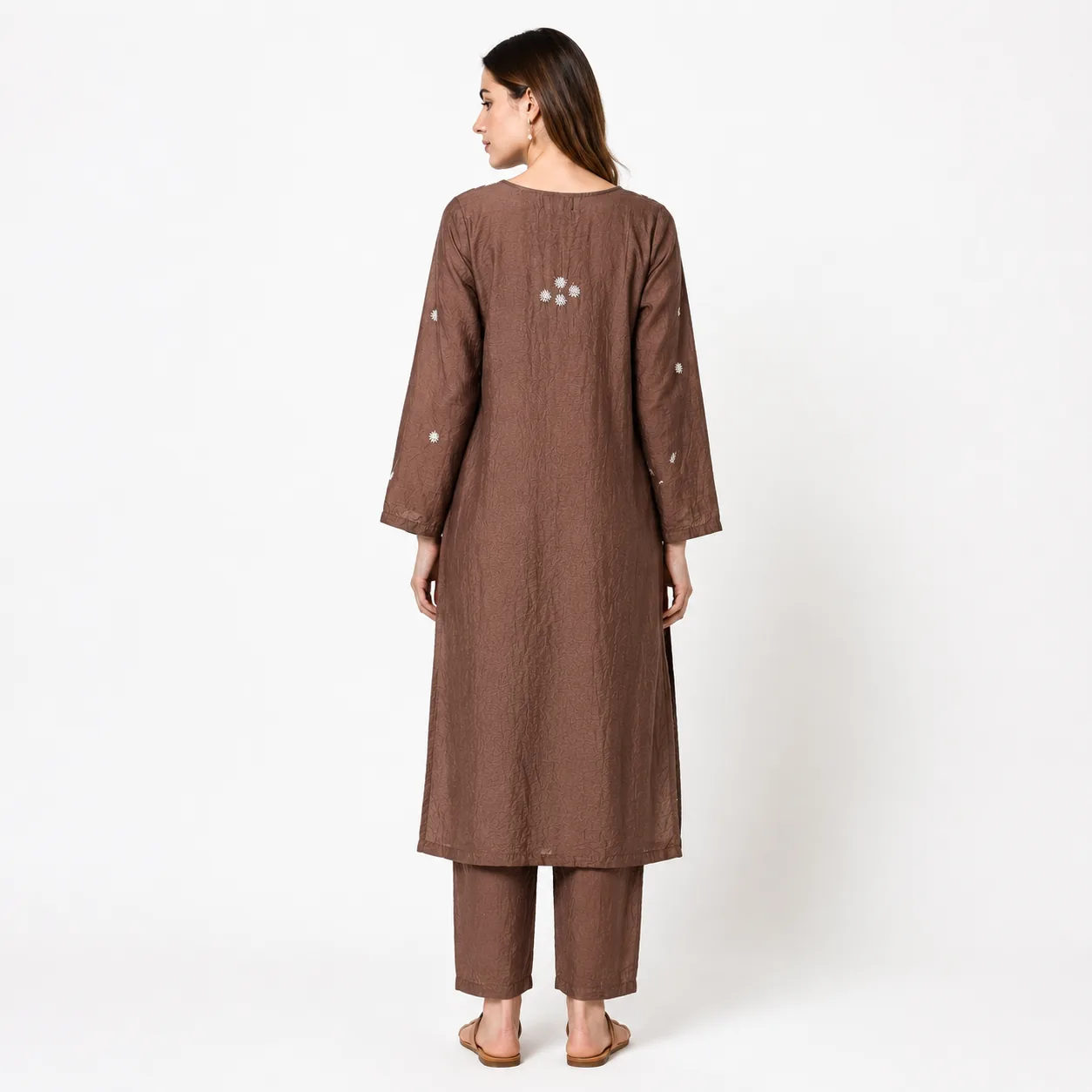 Mocha Brown Chanderi Embroidered Kurta Pant Set — view 2