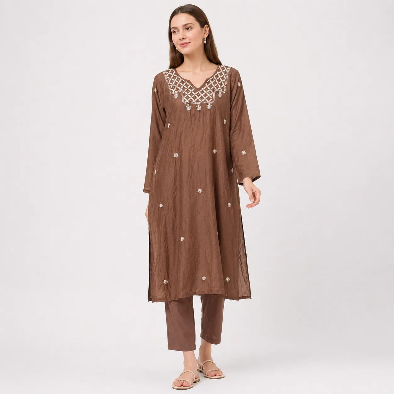 Mocha Brown Chanderi Embroidered Kurta Pant Set — view 5