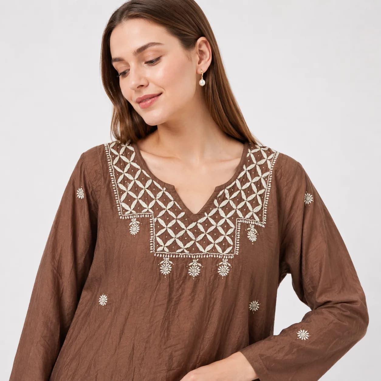 Mocha Brown Chanderi Embroidered Kurta Pant Set — view 7