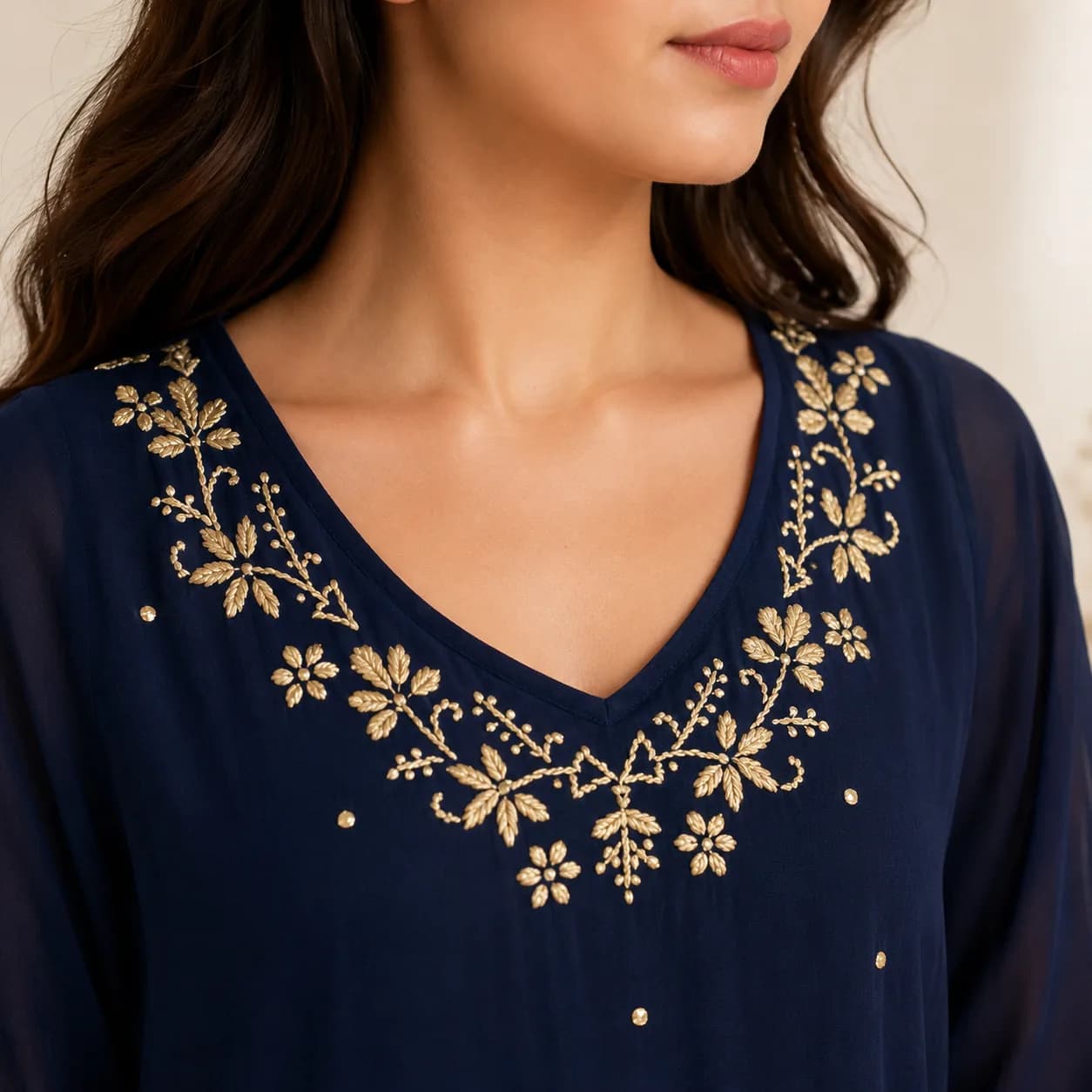 Navy Blue Gold Zari Kurta Set — view 3