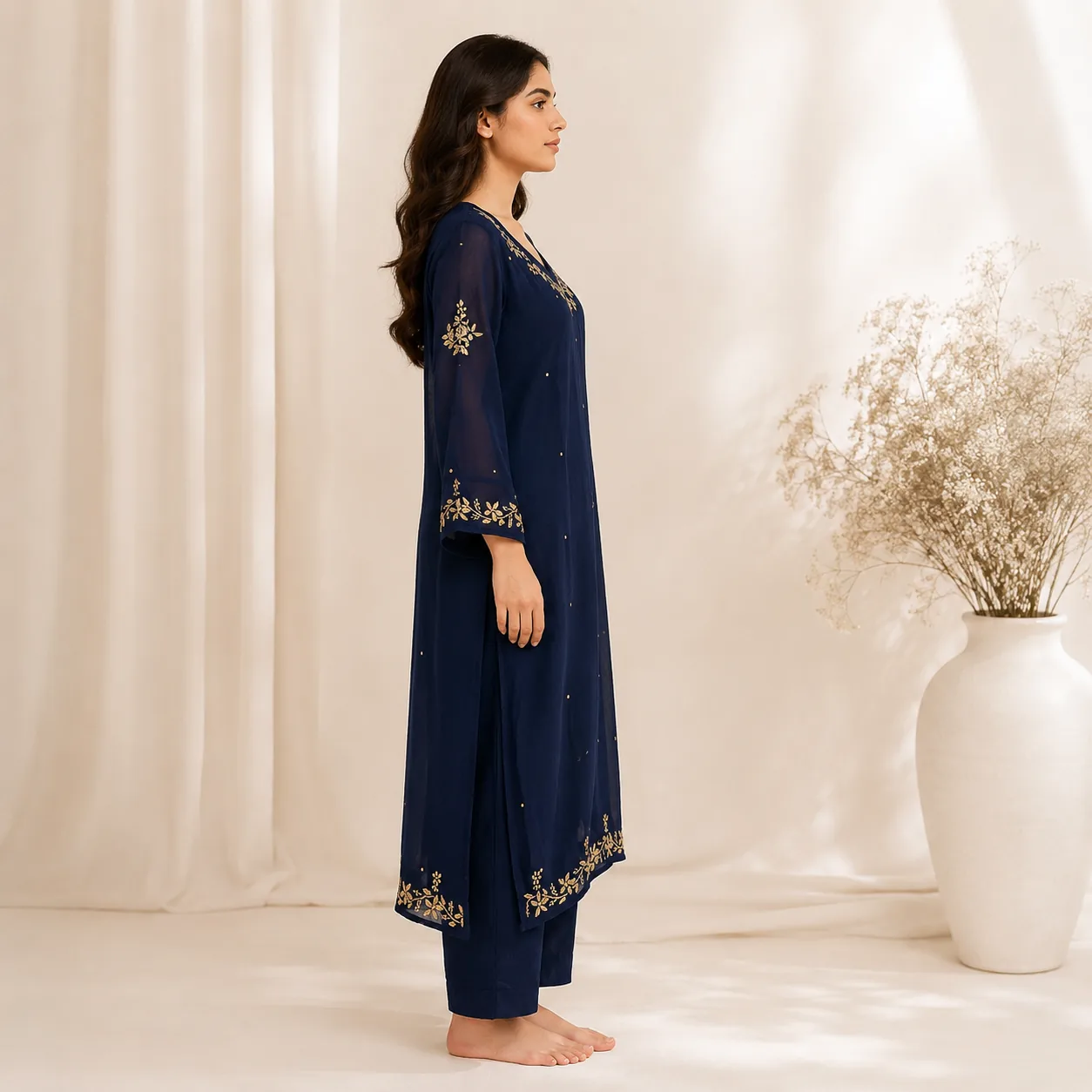Navy Blue Gold Zari Kurta Set — view 6