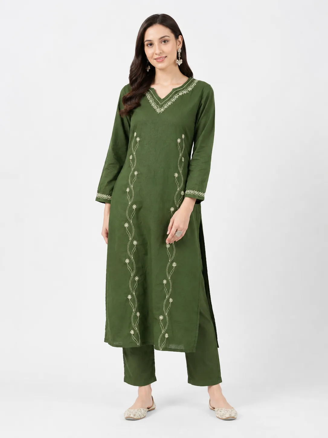 Olive Green Embroidered Kurta Pant Set — view 3