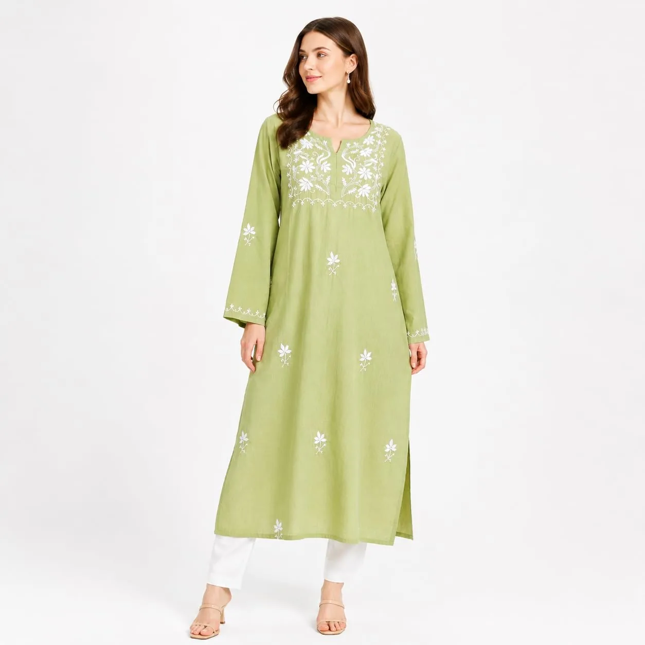 Pistachio Green Embroidered Cotton Kurta — view 2