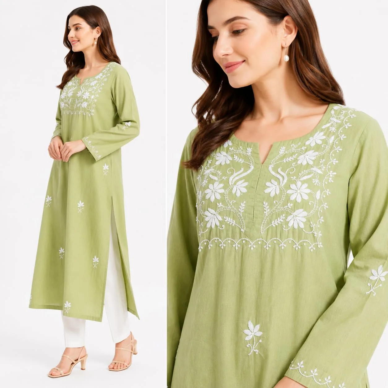 Pistachio Green Embroidered Cotton Kurta — view 3
