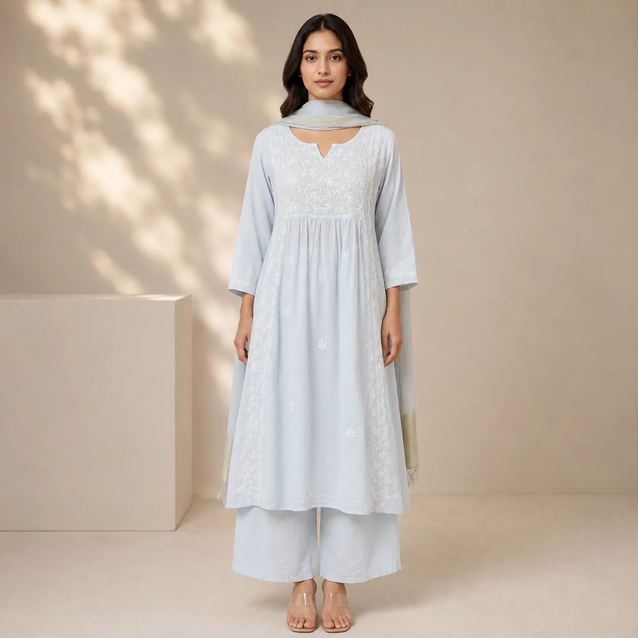 Powder Blue Chikankari Kurta & Palazzo Set — view 4