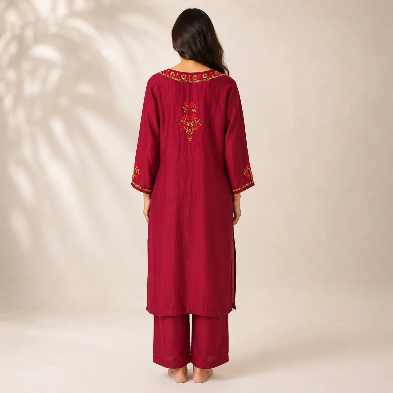 Ruby Red Embroidered Cotton Kurta Set with Dupatta — view 2