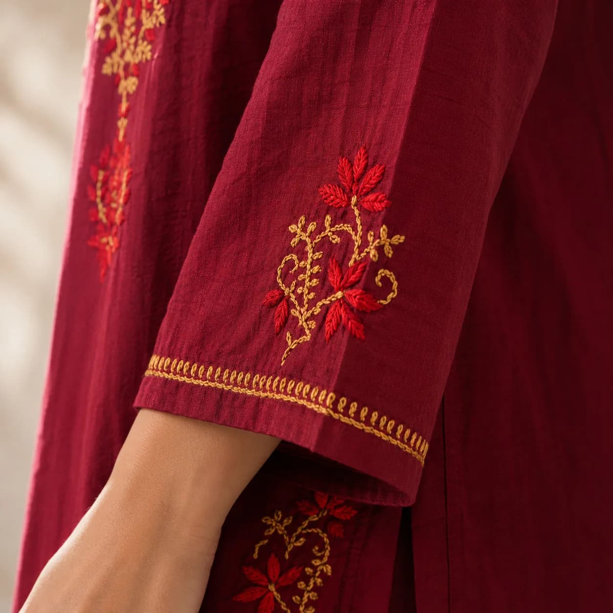 Ruby Red Embroidered Cotton Kurta Set with Dupatta — view 7