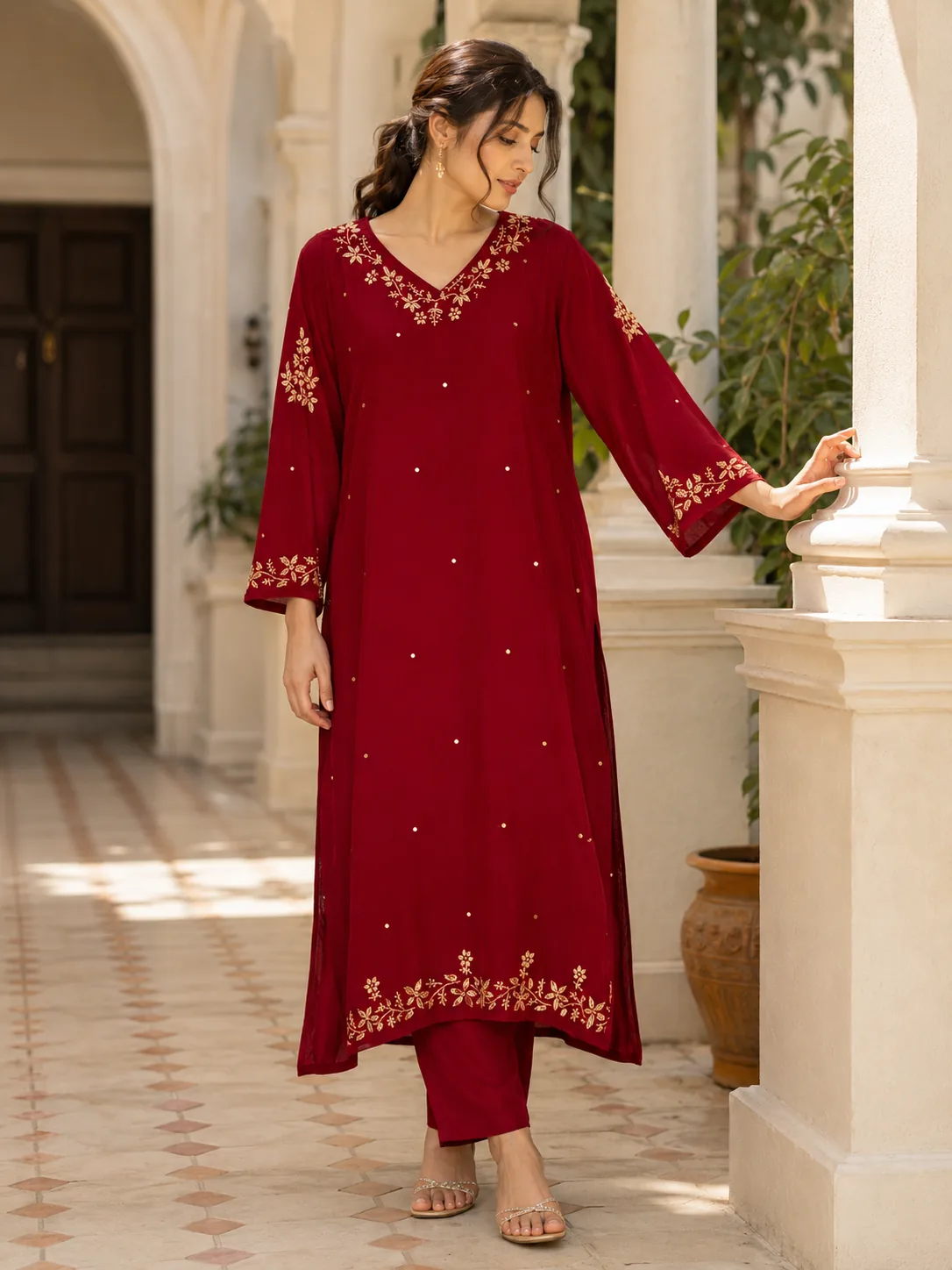 Ruby Red Embroidered Kurta Dupatta Bottom Set — view 6
