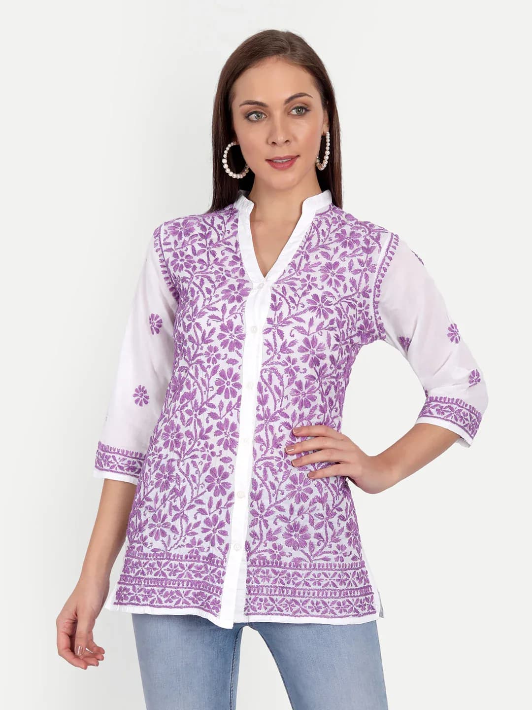 White & Lavender Chikankari Embroidered Cotton Top