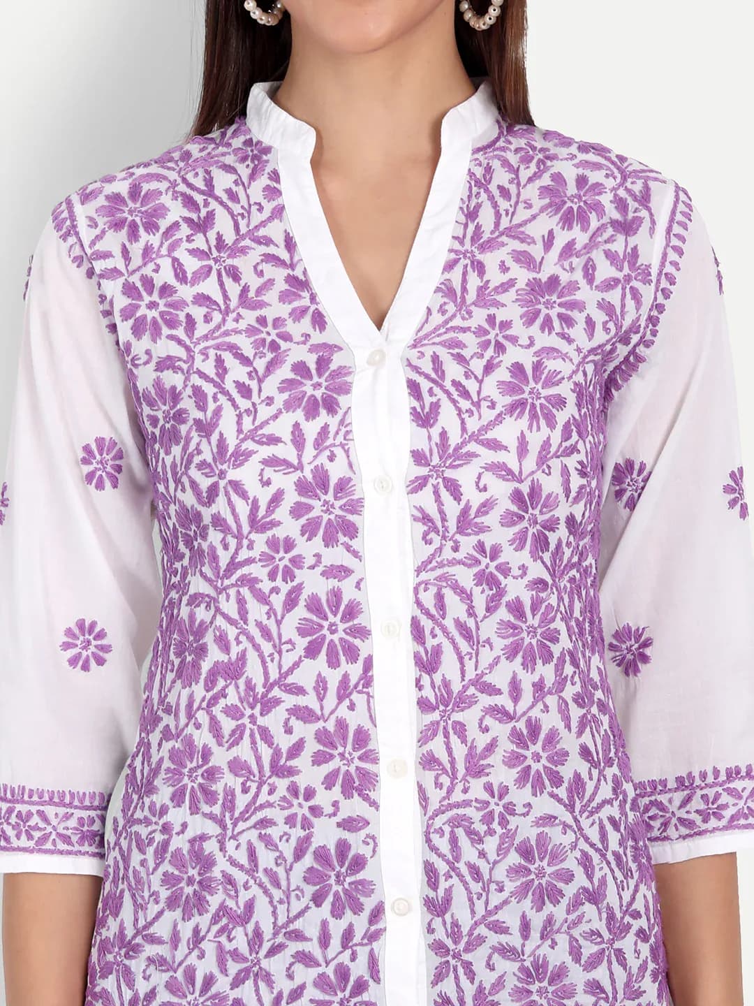 White & Lavender Chikankari Embroidered Cotton Top — view 3
